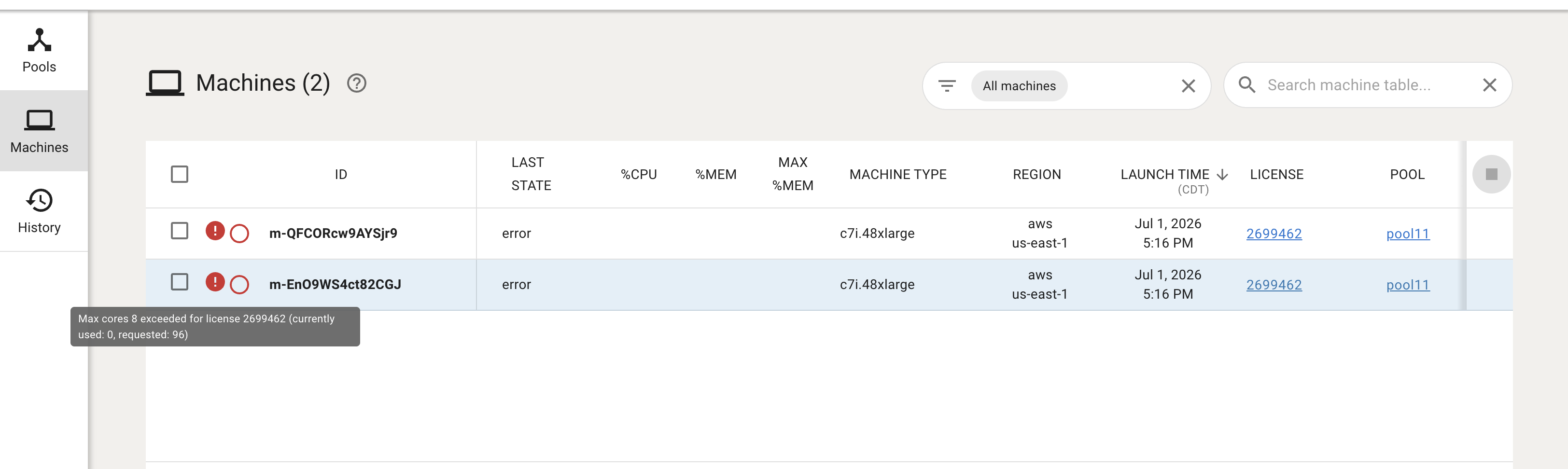 Error message displayed when concurrent core limit is exceeded