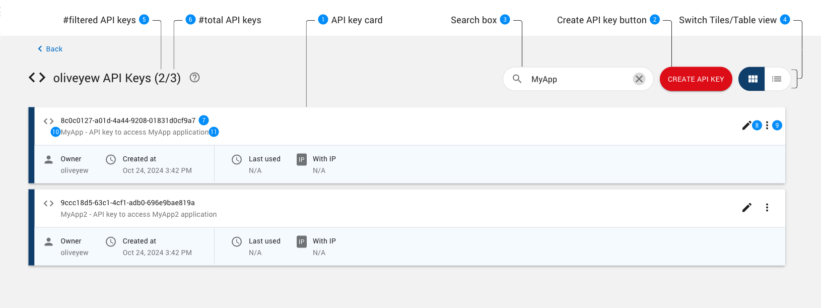 API keys panel structure